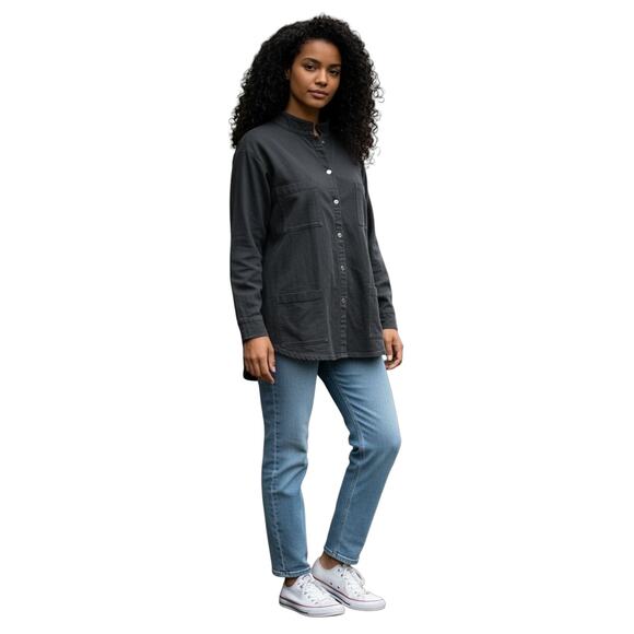 Eileen Fisher Black Snap Front Work Jacket TunicMinimalist Womens Size Large - Picture 1 of 6